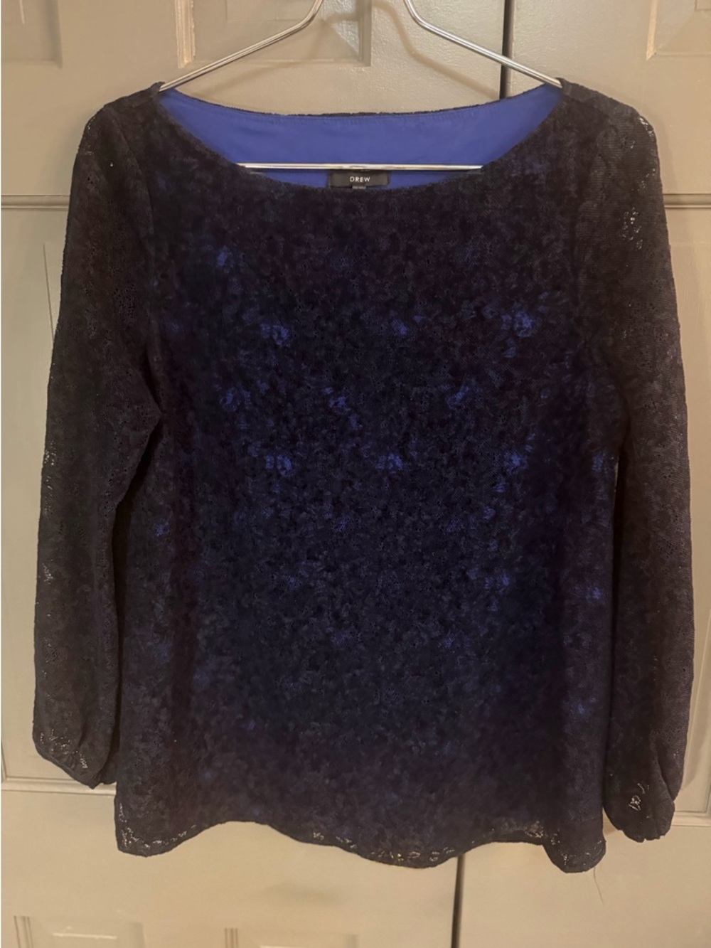 DREW Navy Lace Long-Sleeve Floral Overlay Top Size M